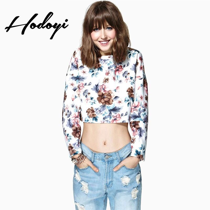 Wedding - Ladies fall 2017 new sweet sexy navel-baring short flower print pullover sweater - Bonny YZOZO Boutique Store