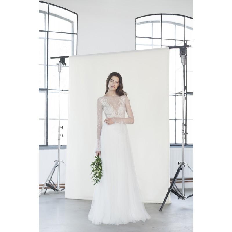 Hochzeit - Divine Atelier 2018 Tiara White Sweet Sweep Train Aline Illusion Flare Sleeves Tulle Beading Bridal Dress - 2018 Unique Wedding Shop