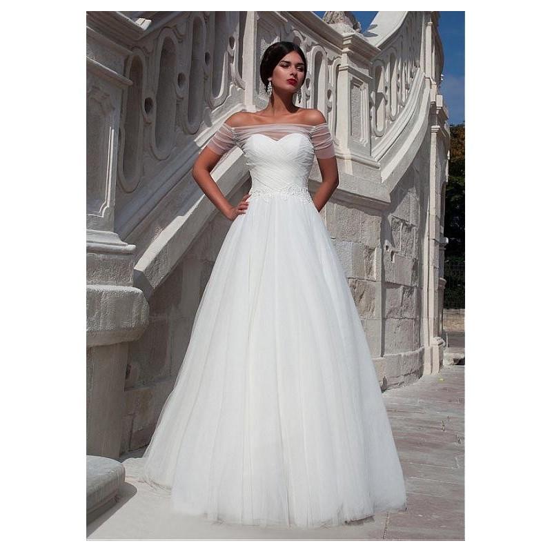 Wedding - Elegant Tulle Off-the-shoulder Neckline A-line Wedding Dress With Beaded Lace Appliques - overpinks.com