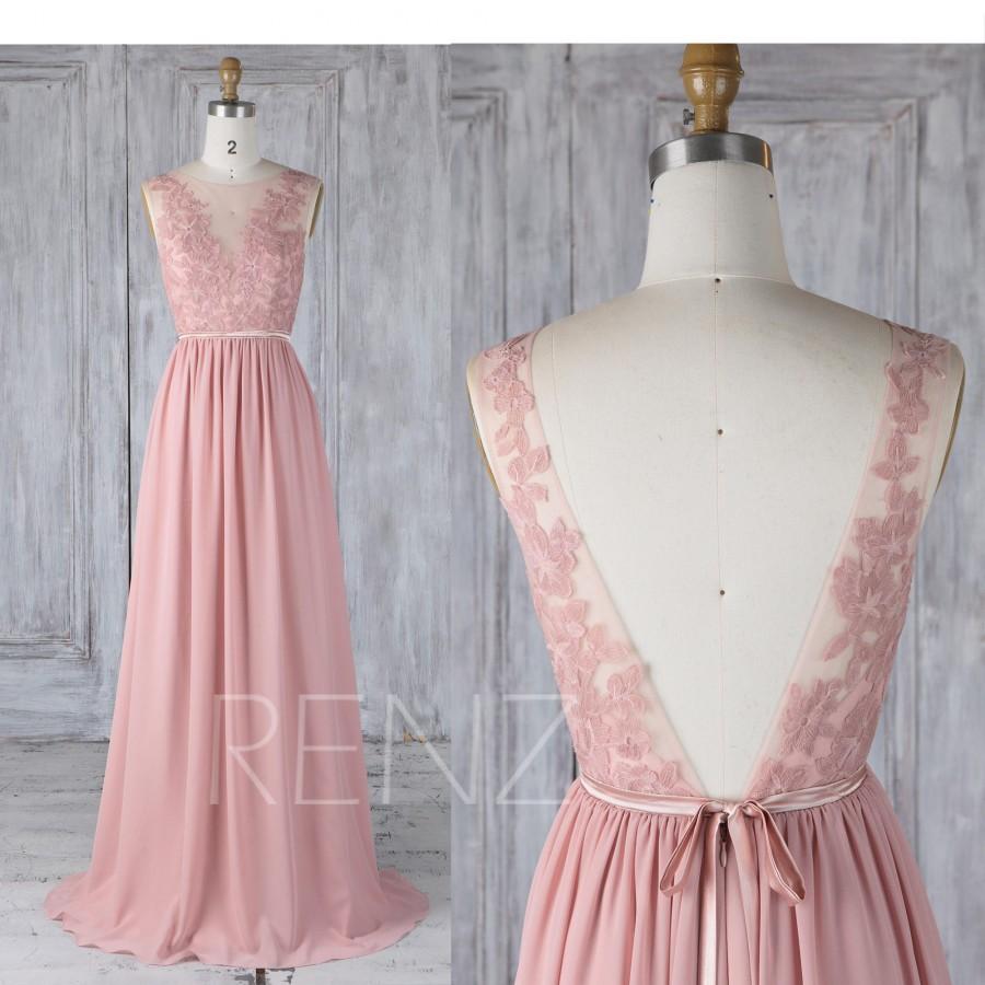 Hochzeit - Bridesmaid Dress Dusty Rose,Chiffon Lace Illusion Wedding Dress with Sash,V Back Prom Dress,Boat Neck Maxi Dress Floor Length(L346)