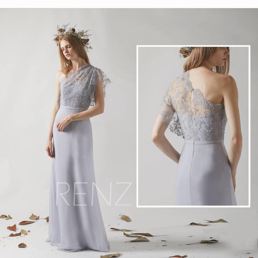 Mariage - Bridesmaid Dress Light Gray Chiffon Dress Wedding Dress,Lace Illusion Ruffle One Shoulder Maxi Dress,Sweetheart Fitted Evening Dress(H442)