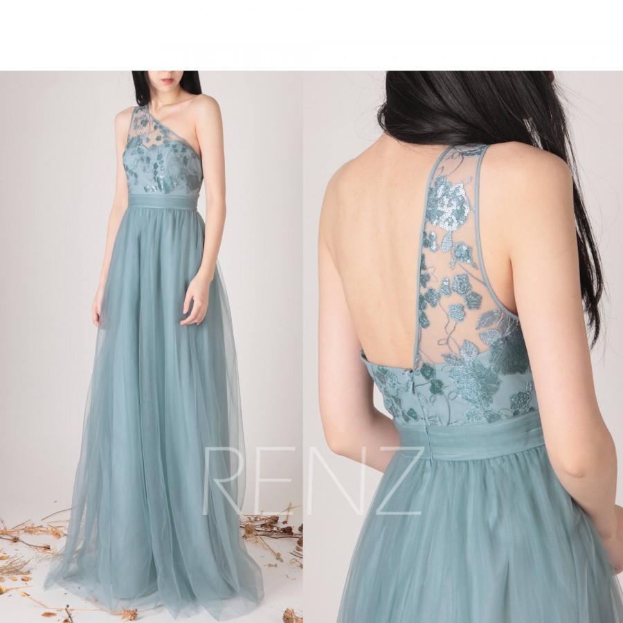 Mariage - Bridesmaid Dress Dusty Blue Tulle Dress,Wedding Dress,One Shoulder Maxi Dress,Illusion Sweetheart Party Dress,A Line Evening Dress(HS625)