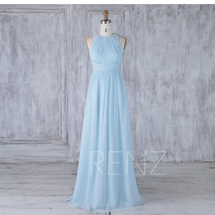 زفاف - Bridesmaid Dress Light Blue High Round Neck Wedding Dress,Ruched Top Maxi Dress,Sleeveless Maxi Dress,Evening Dress Full Length(T181)