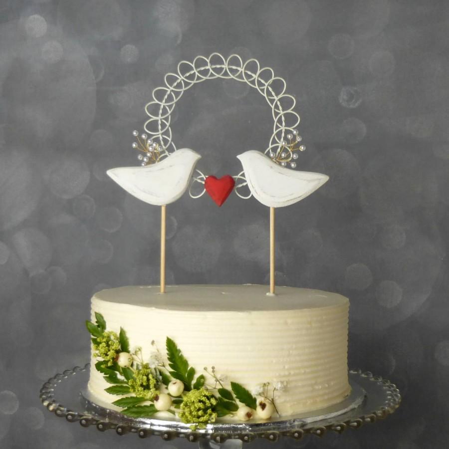 Wedding - New! Pearl Bridal Topper, Bird Wedding Cake Topper, Wedding Topper in White and Red, Wooden Cake Topper with Lovebirds