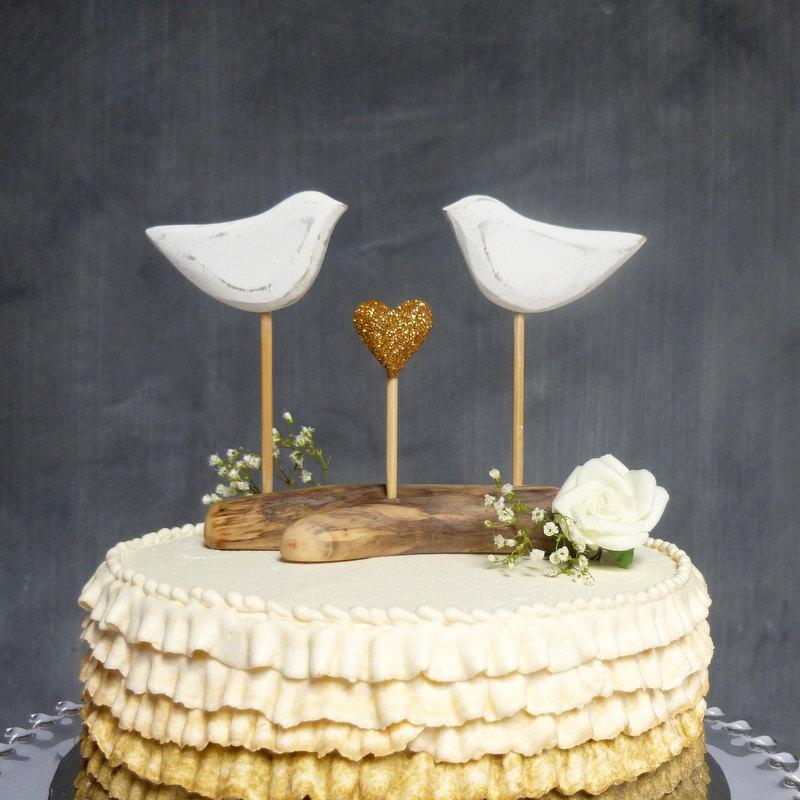 Wedding - Bird Cake Topper, Gold Bridal Topper, Gold Wedding Cake Topper, Love Bird Wedding Topper with a Gold Heart