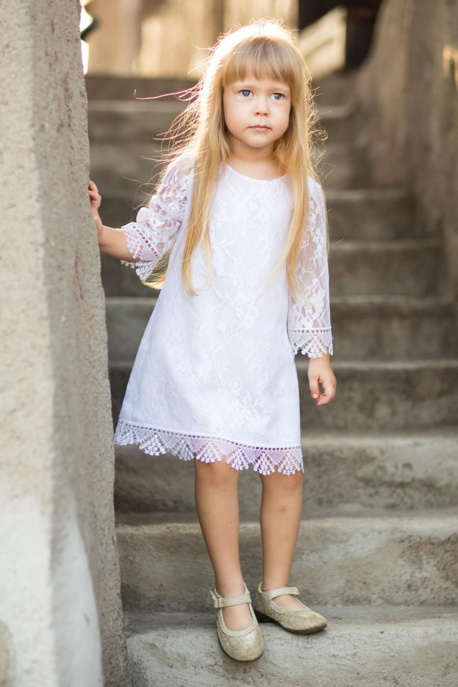 Mariage - Boho flower girl dress, Flower baby  dress, White lace girl dress, lace girl dress, Country flower girl dress, Baptism dress, white dress