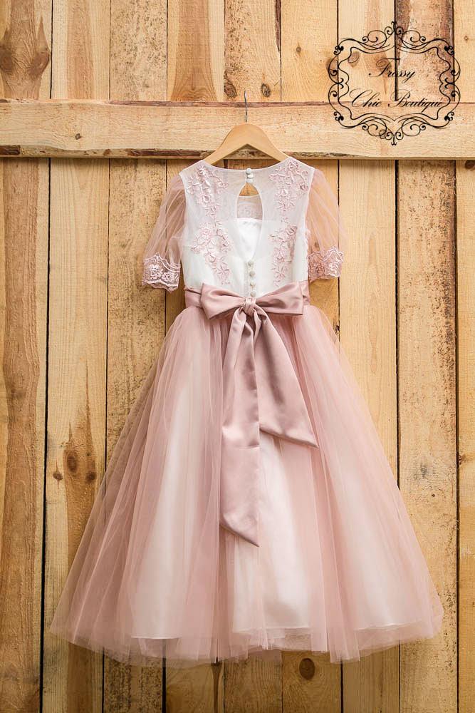 Mariage - Pink flower girl dress tulle baby dress lace country flower girl tulle lace dress rustic flower girl tulle dress toddler junior dress tulle