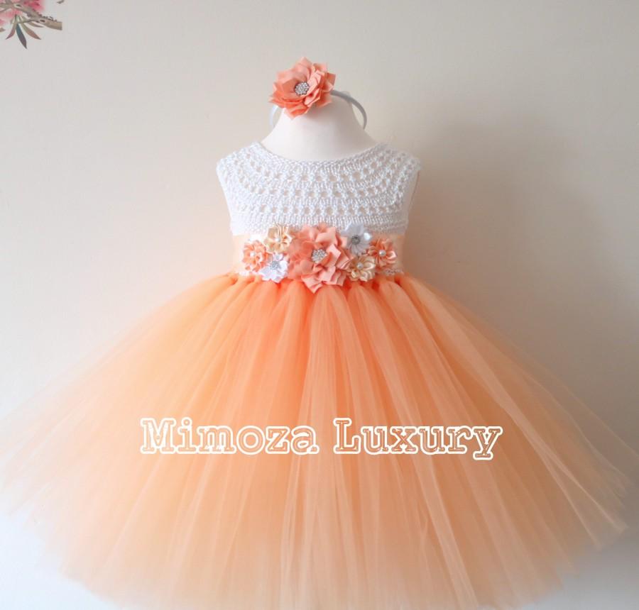 Mariage - Peach Flower girl dress, peach tulle girl dress, peach birthday dress, peach 1st birthday dress. peach wedding tulle dress, peach girls tutu