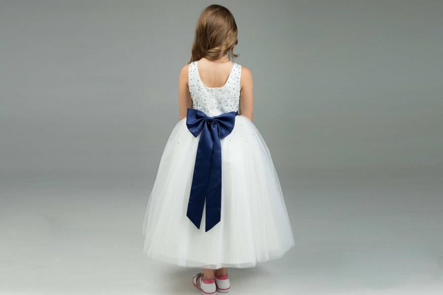 Mariage - Navy Flower Girl Dress -- Floor Length Flower Girl Dress -- Tulle Flower Girl Dress