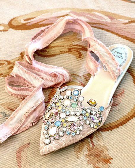 Wedding - Embroidered Flat With Fringed Ribbon Tie