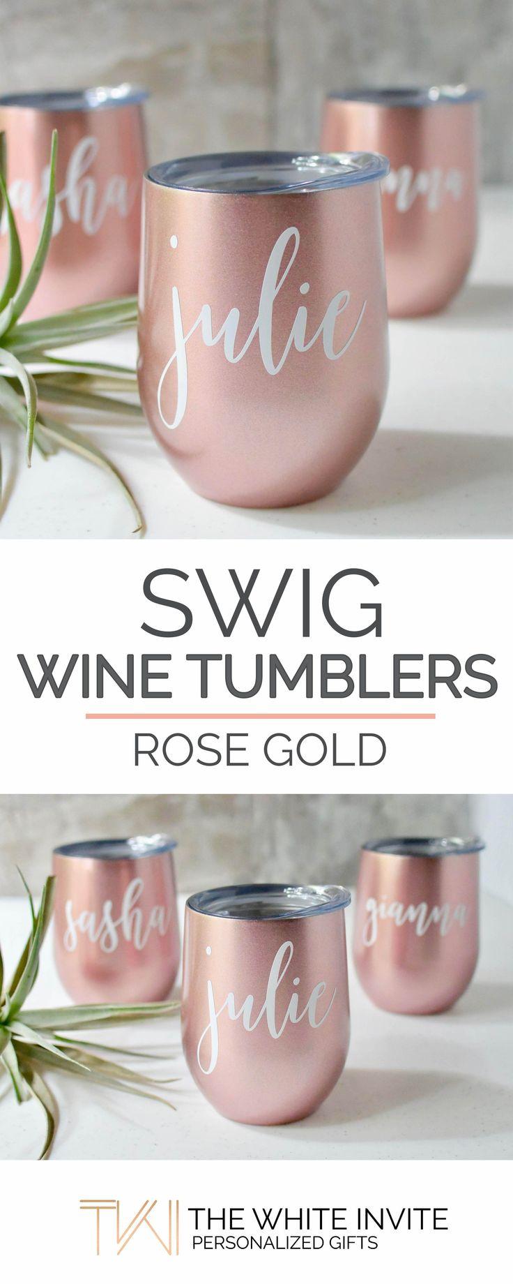 Hochzeit - Rose Gold Swig Wine Tumbler Bridesmaid Gift - Bachelorette Gift - Personalized Monogrammed Tumbler