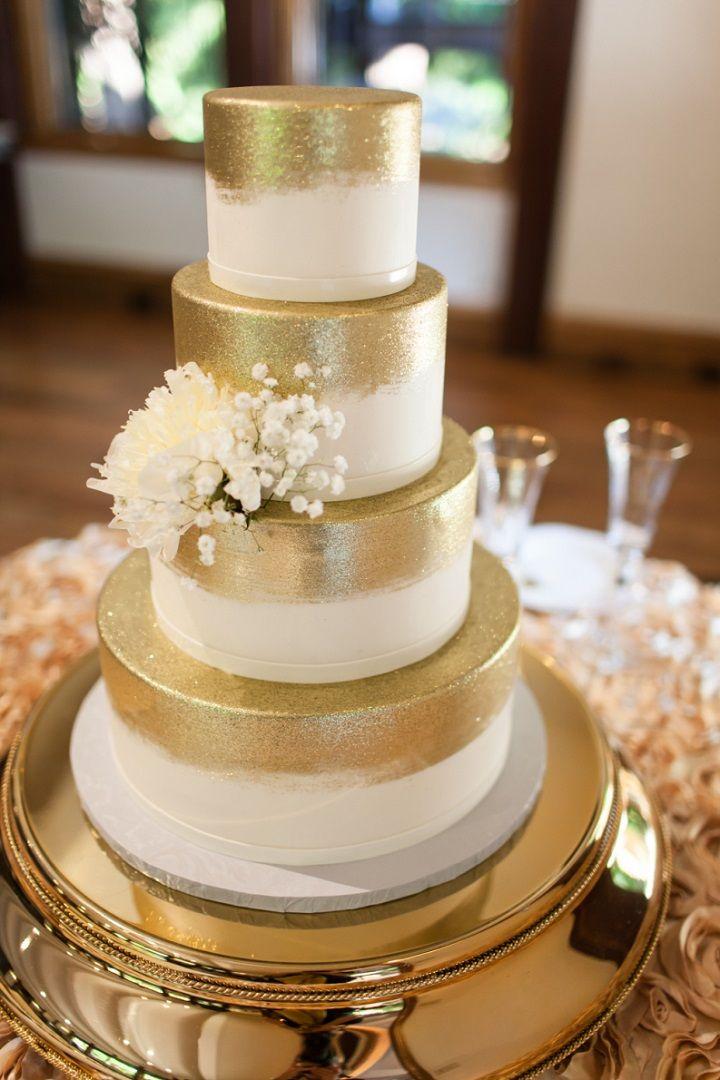 Wedding - Sparkly Gold Wedding Cake And White Flowers