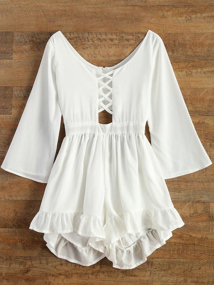 Mariage - Ruffled Cut Out Lace-Up Romper