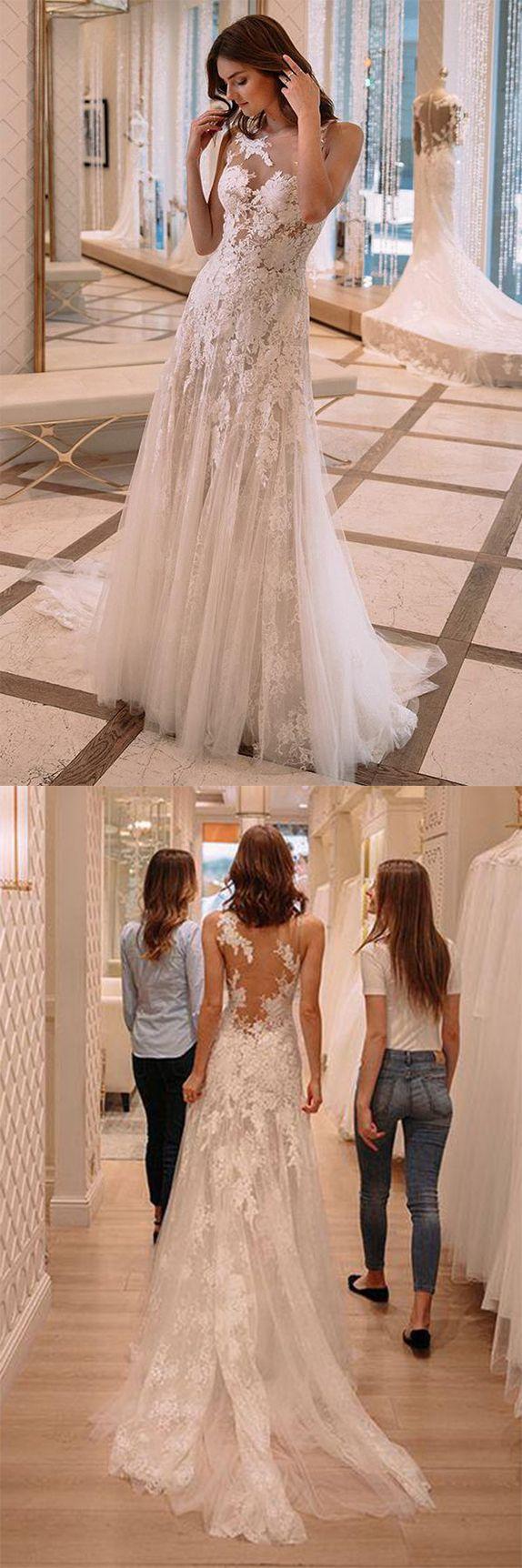 Wedding - A-Line Bateau Sweep Train Tulle Sheer Back Wedding Dress With Lace Appliques OK828
