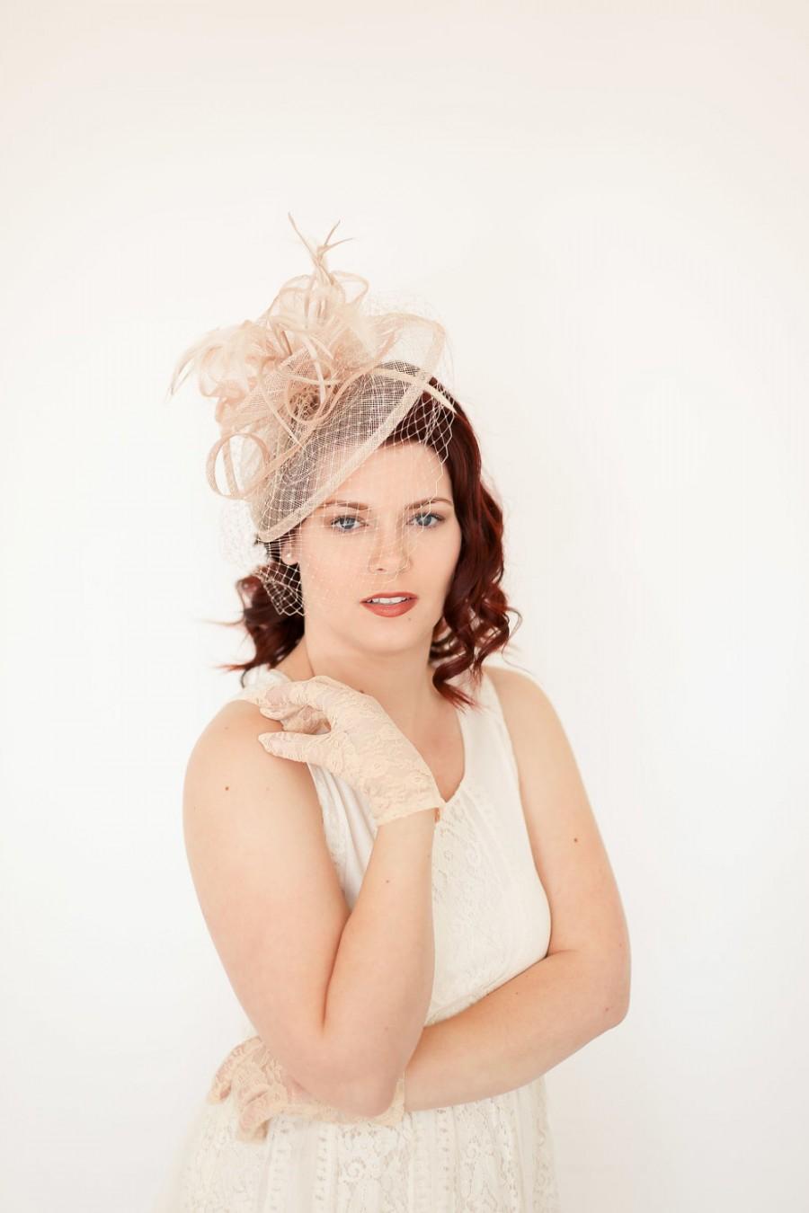 Hochzeit - Nude Fascinator with Veil, Tea Party Hat, Church Hat, Derby Hat, Fancy Hat, Ivory Hat, wedding hat, British Hat