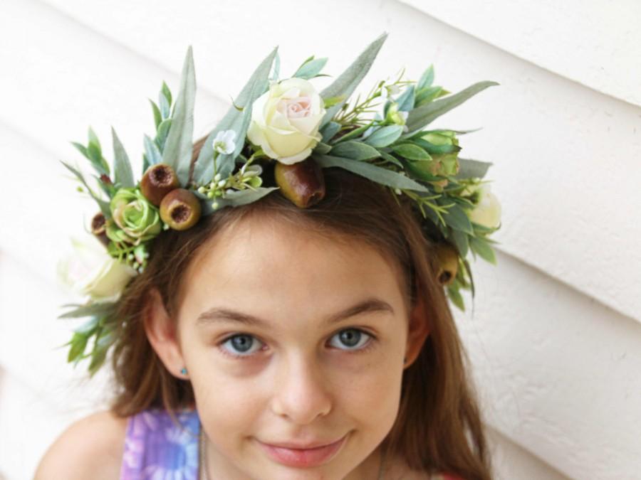 Свадьба - Silk Flower crown. Eucalyptus foliage with roses, gumnuts and wax flower.  Hair flowers for wedding, photoshoot, party, fancy dress.