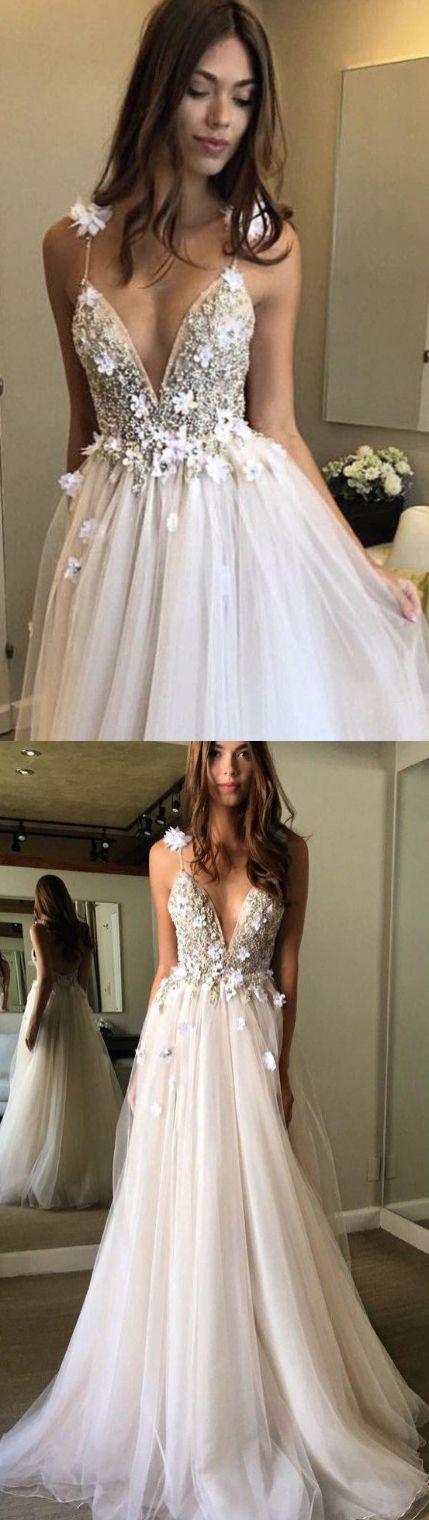 زفاف - White Prom Dresses, Long Prom Dresses, Floral Open Back Deep V-neck Straps Tulle Appliques Prom Dress,, Floral Princess Wedding Dress WF01-906