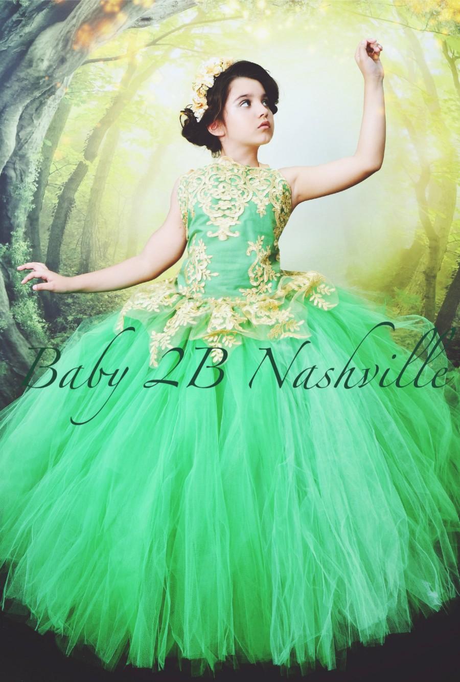 Mariage - Emerald Green Dress Gold Dress Flower Girl Dress Princess Dress Tulle Dress Lace Dress Wedding Dress Birthday Dress Tutu Dress Girls Dress