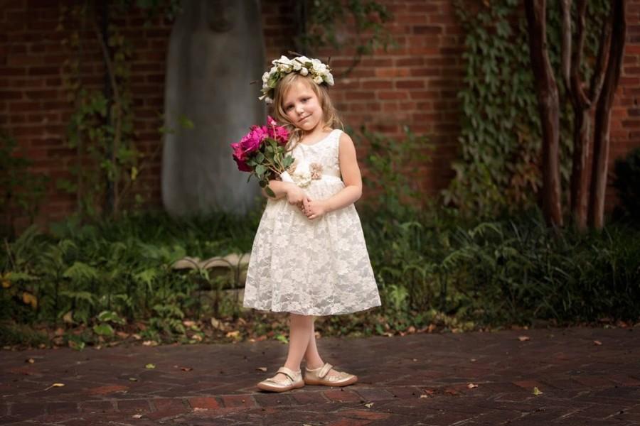 Mariage - Ivory Lace Flower Girl Dress, Rustic Flower Girl Dress, Shabby Chic Flower Girl Dress, Rustic Flower Girl Dress, Embellished Dress, Country