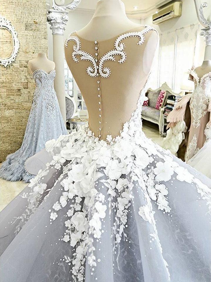 زفاف - White Flowers Ball Gown Wedding Dresses,Cathedral Train Quinceanera Dresses SWD0043