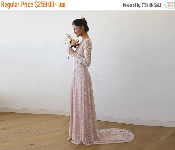 زفاف - Oscar Sale Pink Wrap Floral Lace Long Sleeve Gown with a Train 1151