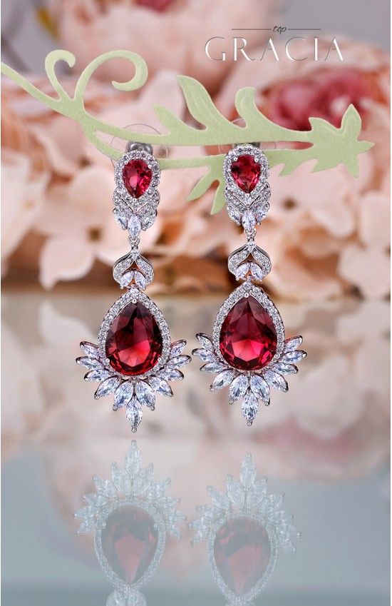 Wedding - CHRYSEIS Ruby Red Teardrop Cubic Zirconia Bridal Earrings Wedding Jewelry