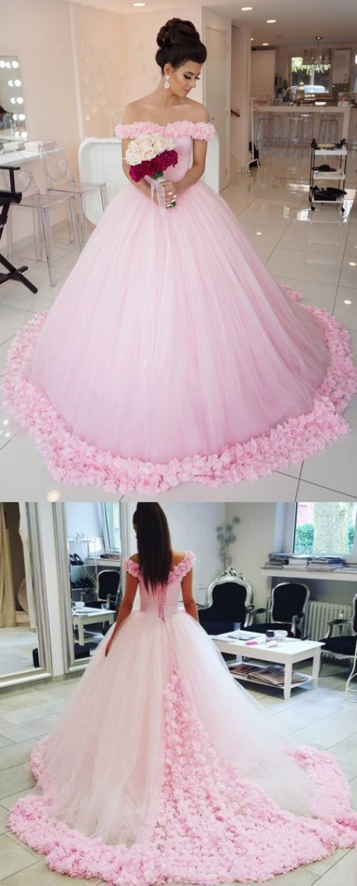 Свадьба - Beautiful Long Ball Gown Wedding Dresses, Pink Sleeveless With Flower Cathedral Train Wedding Dresses ,811010