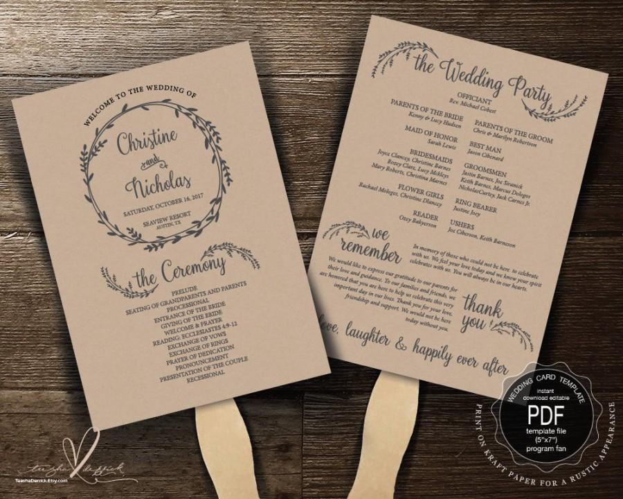 زفاف - Wedding Program FAN PDF template, instant download editable printable, Ceremony order card in rustic theme, fan (TED387_1F)