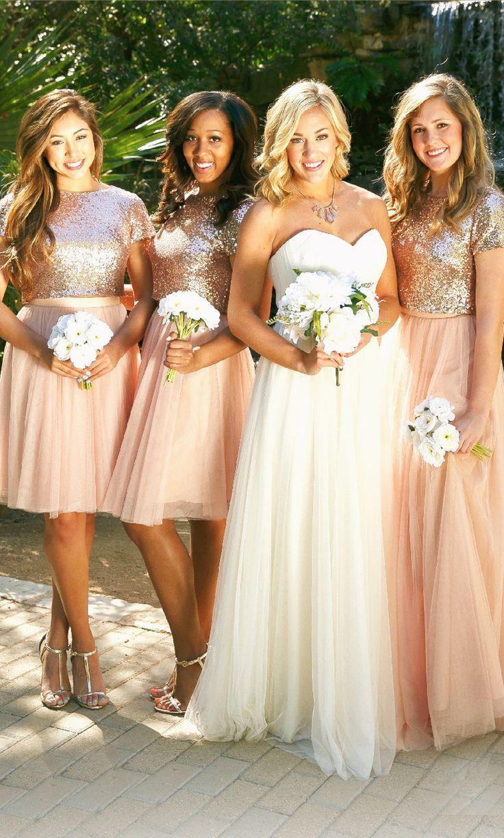 Hochzeit - Two Piece Cap Sleeves Bridesmaid Dress Rose Gold Formal Gown