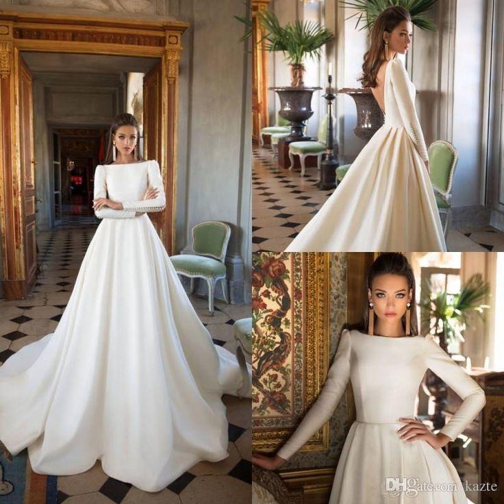Hochzeit - 2018 Milla Nova Wedding Dresses A Line Matte Satin Backless Sweep Train Long Sleeve Wedding Gowns Bateau Neck Winter Bridal Dress Plus Size