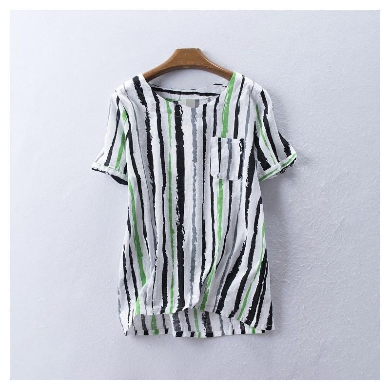 زفاف - Oversized Printed Scoop Neck Ramie Summer Short Sleeves T-shirt - Discount Fashion in beenono