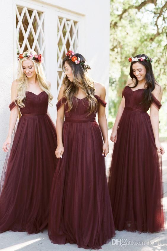 Mariage - Burgundy Off Shoulder Country Bohemian Long Bridesmaid Dresses 2018 Vintage Retro Cheap Junior Wedding Party Guest Gowns Cheap