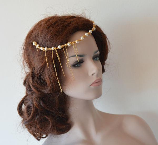 Свадьба - Wedding Hair Accessory, Wedding Headband, Bridal Pearl Crown, Bridal  Head Chain, Gold Chain and Pearl