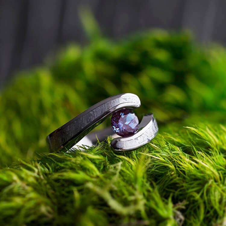 Wedding - Alexandrite Engagement Ring, Gibeon Meteorite Ring With Tension Setting, Titanium Jewelry, Space Ring