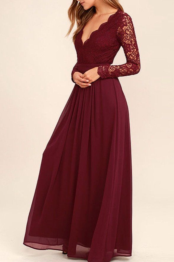 زفاف - Dark Burgundy Lace Long Sleeves V Neck Cheap Bridesmaid Dress Prom Dresses Evening Gowns LD300