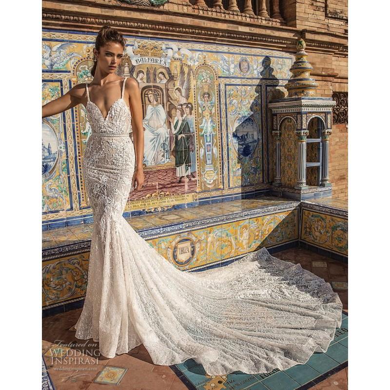Wedding - Berta Fall/Winter 2018 Style 18-111 Blush Open Back Royal Train Spaghetti Straps Mermaid Sleeveless Beading Lace Bridal Dress - Crazy Sale Bridal Dresses