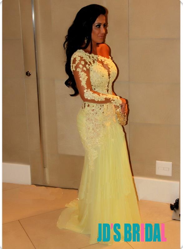 Jol178 Yellow Sexy Sheer Open Back Lace One Shoulder Long Prom