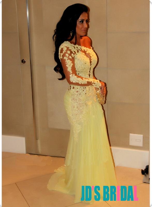 Hochzeit - JOL178 yellow sexy sheer open back lace one shoulder long prom dress