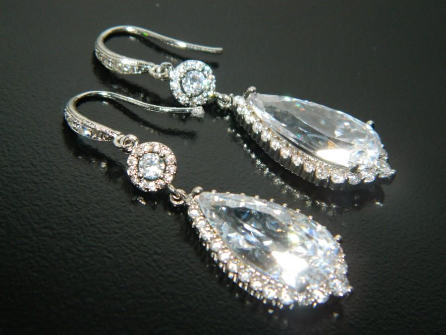Wedding - Cubic Zirconia Bridal Earrings, Crystal Teardrop Earrings, Chandelier Crystal Wedding Earrings, CZ Dangle Earrings, Bridal Prom Jewelry - $38.90 USD