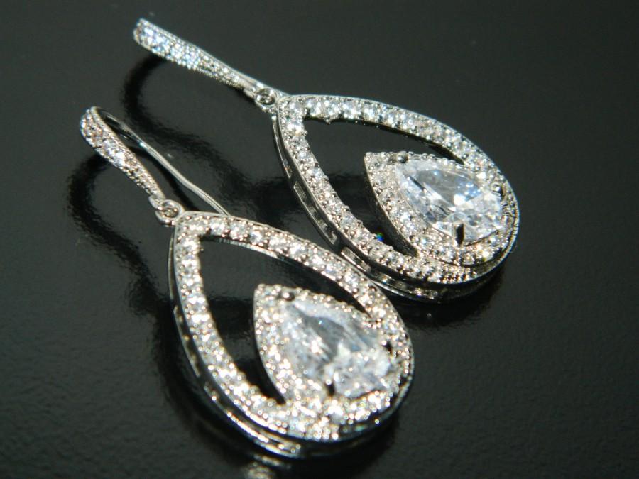 Wedding - Crystal Bridal Earrings, Cubic Zirconia Teardrop Earrings, Chandelier Crystal Wedding Earrings, CZ Dangle Earrings, Bridal Prom Jewelry - $36.90 USD