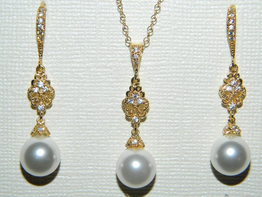 زفاف - Bridal Pearl Jewelry Set, White Pearl Gold Earrings&Necklace Set, Swarovski Pearl Wedding Set, Chandelier Pearl Jewelry Set, Bridesmaid Gold - $31.00 USD