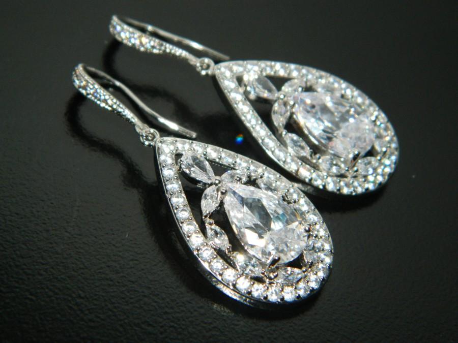 Wedding - Crystal Bridal Earrings, Cubic Zirconia Teardrop Earrings, Crystal Chandelier Wedding Earrings, CZ Dangle Earrings, Bridal Prom Jewelry - $39.00 USD