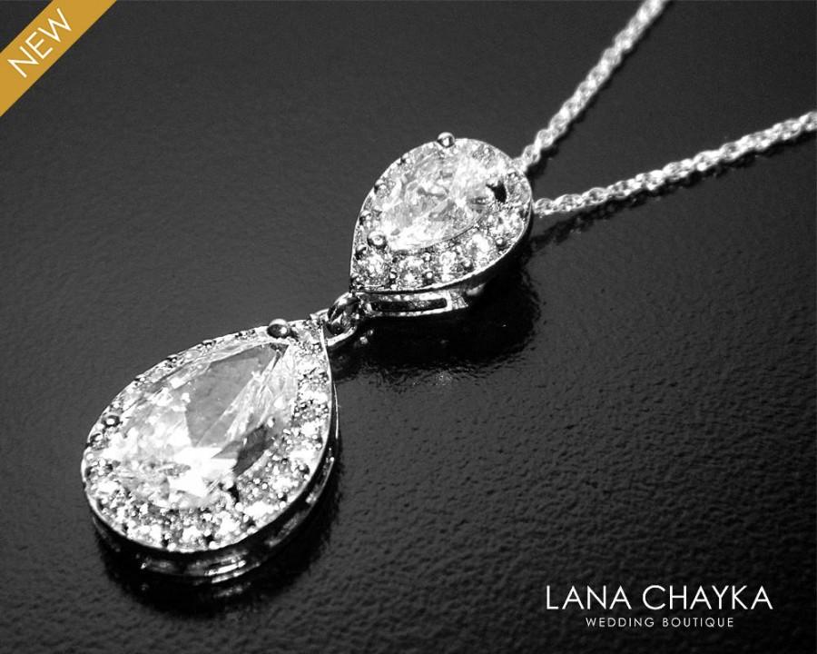 Hochzeit - Cubic Zirconia Bridal Necklace, Teardrop Crystal Necklace, Wedding Clear CZ Silver Necklace, Bridal Sparkly Crystal Pendant Prom CZ Necklace - $33.90 USD