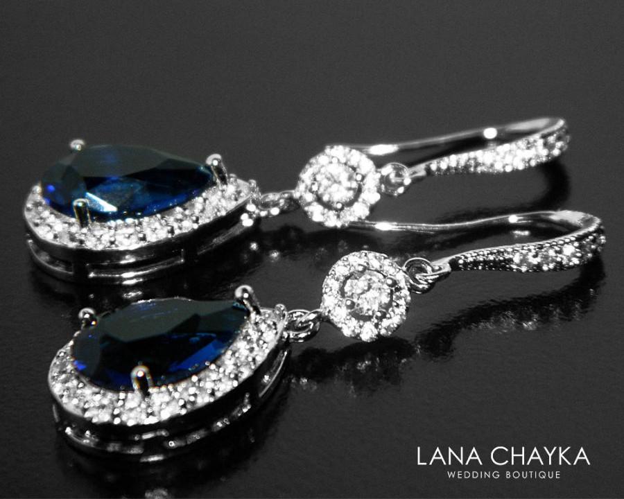 زفاف - Navy Blue Bridal Earrings, Teardrop Blue Crystal Wedding Earrings, Sapphire Chandelier Dangle Earrings Sparkly Crystal Earrings Prom Jewelry - $36.50 USD