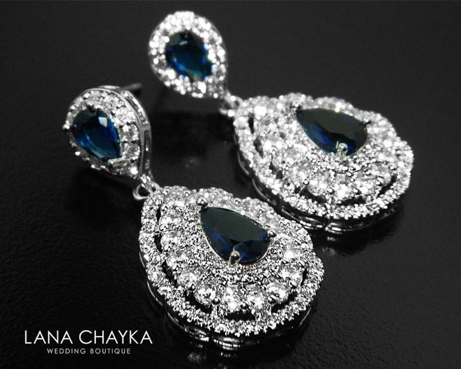 زفاف - Navy Blue CZ Bridal Earrings, Teardrop Blue Crystal Wedding Earrings, Sapphire Chandelier Earrings, Sparkly Crystal Earrings, Prom Jewelry - $36.90 USD