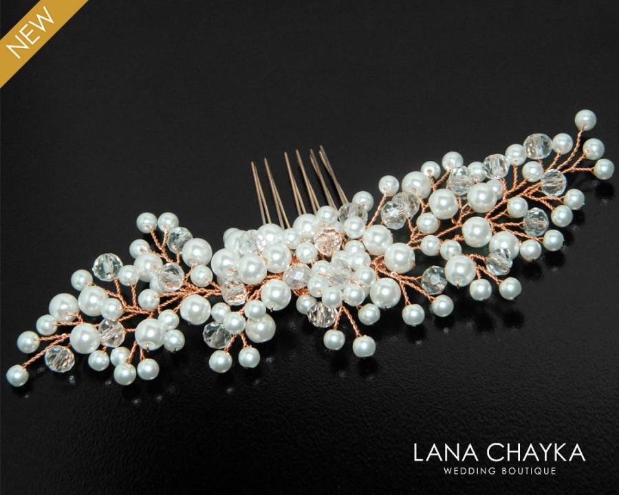 Mariage - Rose Gold Pearl Bridal Hair Comb, Wedding Hair Piece, White Pearl Crystal Pink Gold Comb, Pearl Hair Jewelry, Rose Gold Bridal Headpiece - $29.90 USD