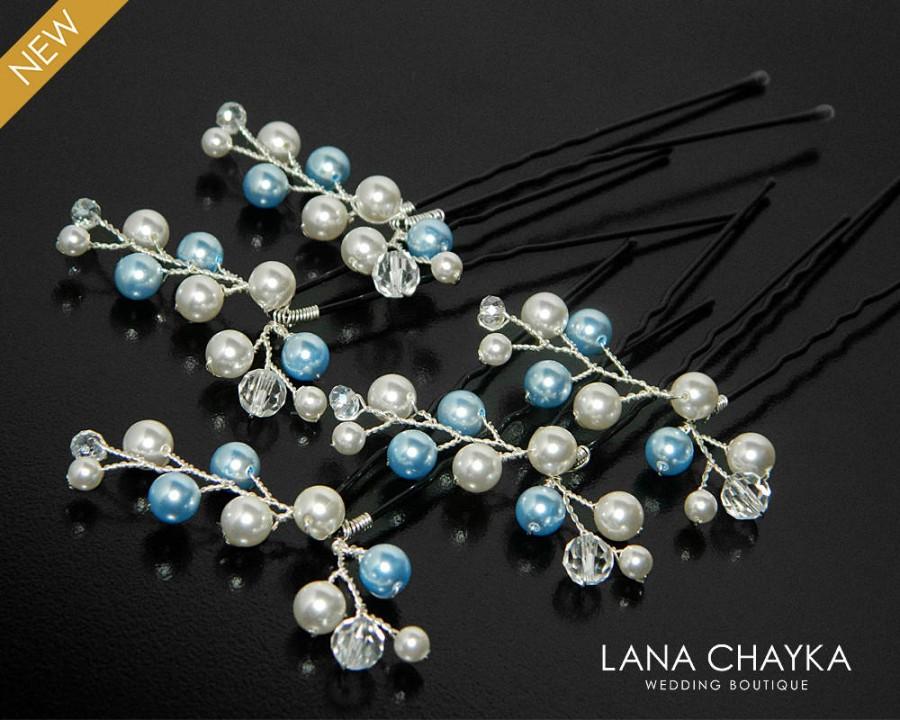 زفاف - White Blue Pearl Bridal Hair Pins, Swarovski Pearl Wedding Hair Pins, Bridal Hair Jewelry, Bridal Pearl Accessories, Pearl Crystal Hair Pins - $26.90 USD