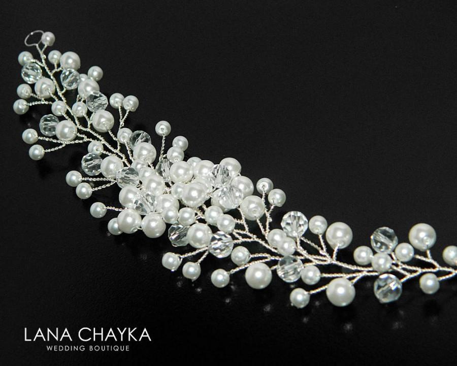 Mariage - Pearl Crystal Bridal Hair Vine, White Pearl Crystal Hair Piece, Bridal Floral Hair Jewelry, Bridal Pearl Headpiece, Pearl Crystal Wreath - $24.50 USD