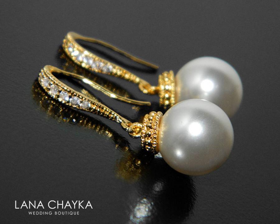 Wedding - White Pearl Gold Earrings, Pearl Drop Wedding Earrings, Swarovski 10mm Pearl Earrings, Pearl Dangle Earrings Bridal Bridesmaid Pearl Jewelry - $20.90 USD