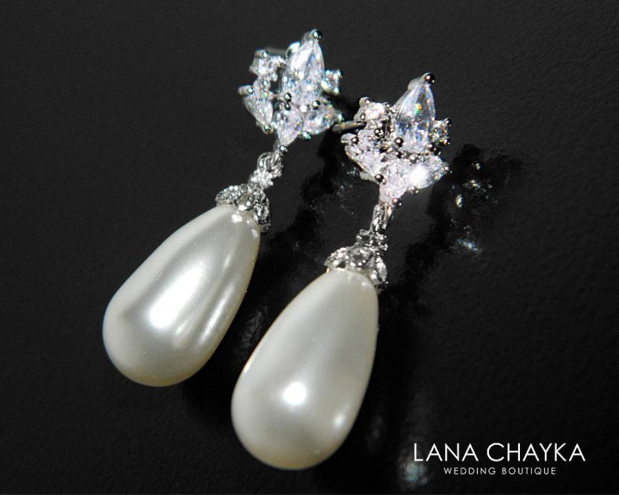 زفاف - White Teardrop Pearl Earrings, Swarovski Pearl Silver Bridal Earrings, White Pearl CZ Silver Earrings, Bridal Pearl Jewelry, Prom Earrings - $24.00 USD